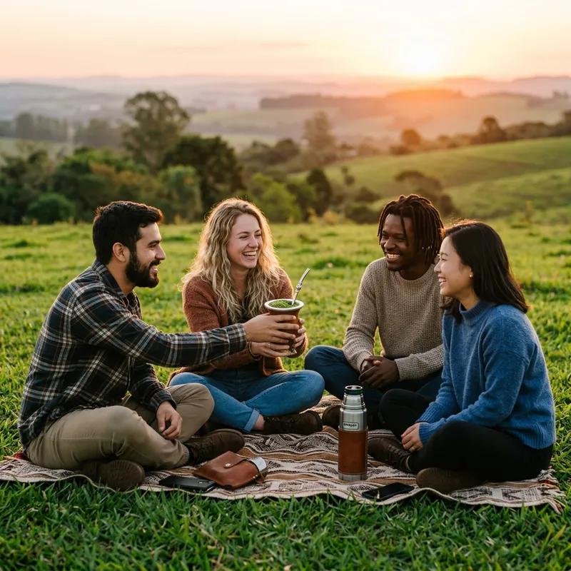 Amigos compartilhando chimarrão ao pôr do sol